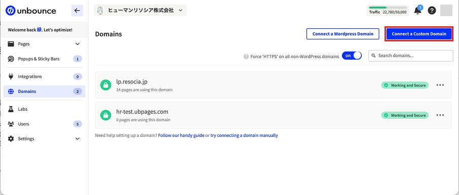 「Connect a Custom Domain」をクリック