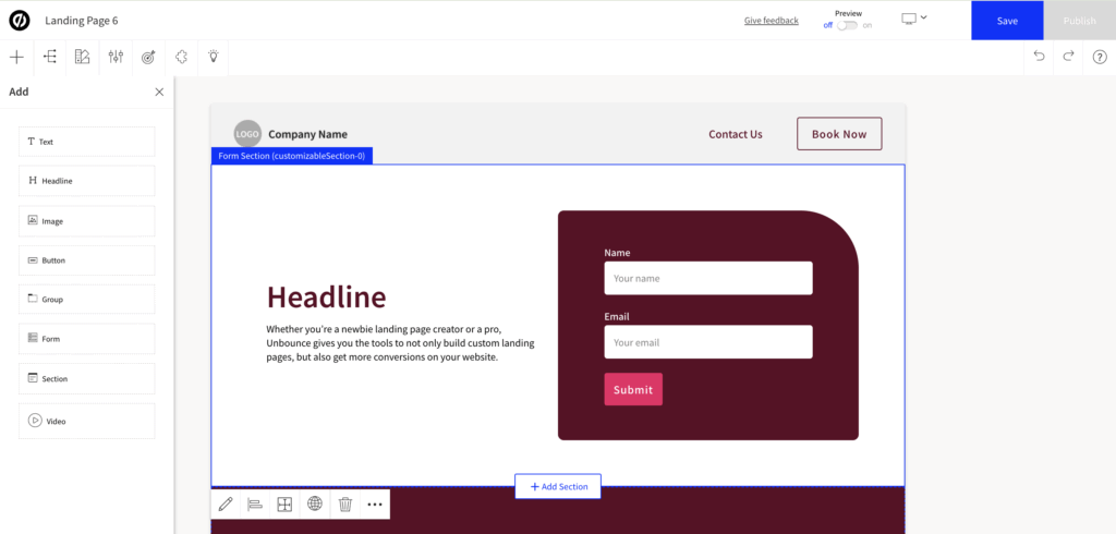 セクションの追加・編集: 必要な要素(ヒーローセクション、特徴、事例、フォームなど)を簡単に追加、並び替え、削除します。